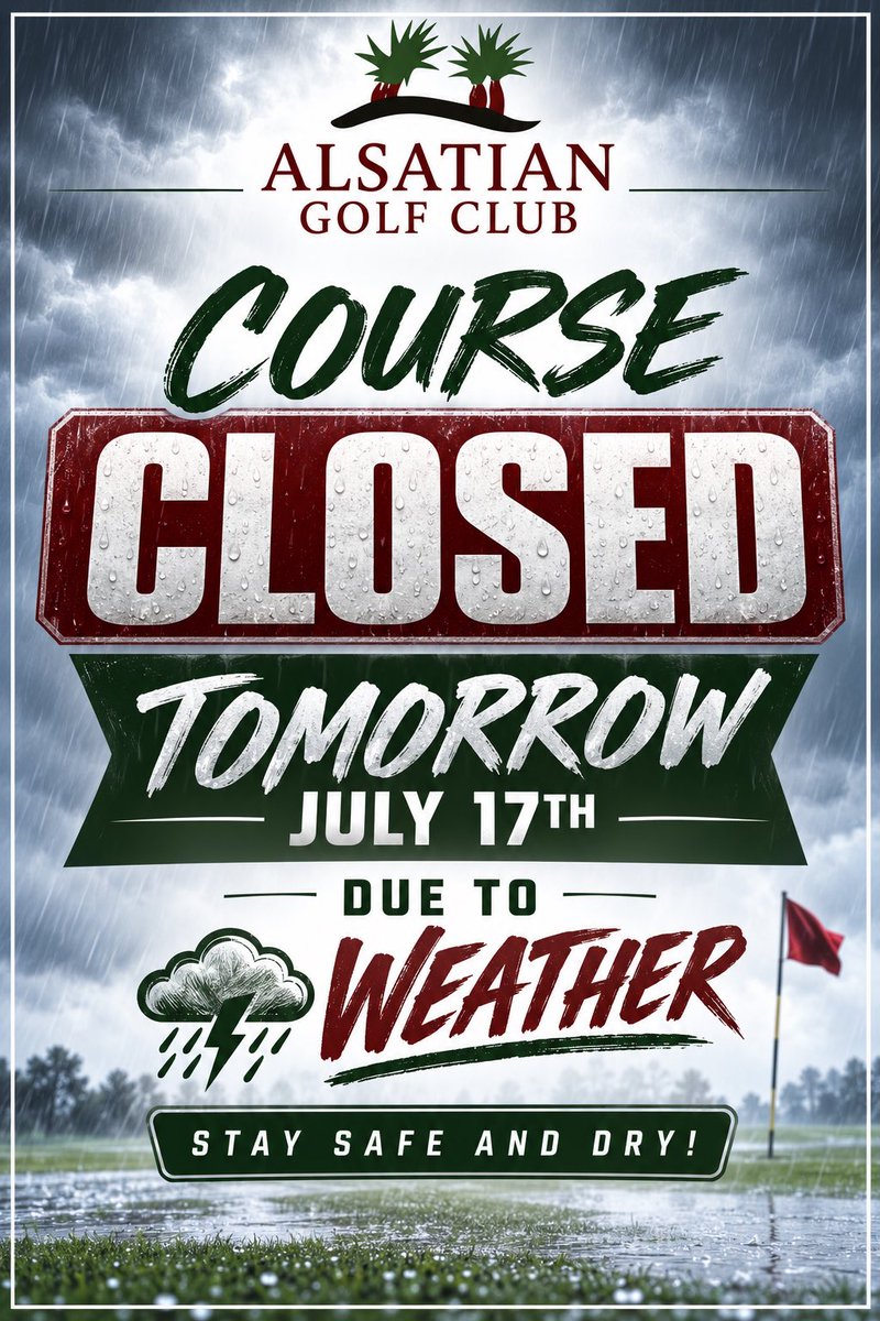Alsatian_GC's tweet photo. Well the recent inch of rain the course received this evening has Closed is tomorrow. Sorry for the inconvenience https://t.co/bRta5LNPkZ