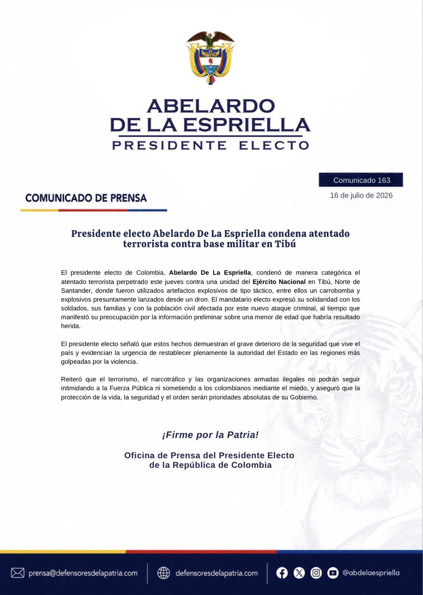 defensoresco's tweet photo. #ATENCIÓN | El presidente electo de Colombia, Abelardo De La Espriella (@ABDELAESPRIELLA), condenó de manera categórica el atentado terrorista contra una base del Ejército Nacional en Tibú, Norte de Santander, y expresó su solidaridad con los soldados, sus familias y la población civil afectada por este nuevo ataque.