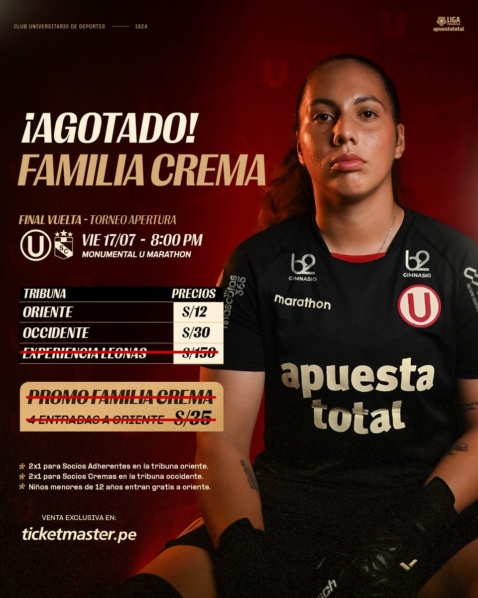 FutFemeninoU's tweet photo. ¡𝗦𝗜𝗘𝗠𝗣𝗥𝗘 𝗗𝗘 𝗟𝗔 𝗠𝗔𝗡𝗢 𝗗𝗘 𝗟𝗔𝗦 𝗟𝗘𝗢𝗡𝗔𝗦! 🦁💛

Se agotaron todas las entradas correspondientes a la promoción Familia Crema para la final del Apertura ante Sporting Cristal.

¡Que el Monumental retumbe con nuestro aliento! 🔥

🎟️ Adquiere tus entradas aquí ➡️ https://t.co/5zuJSzB6YC

#ConLasLeonasHastaElFinal