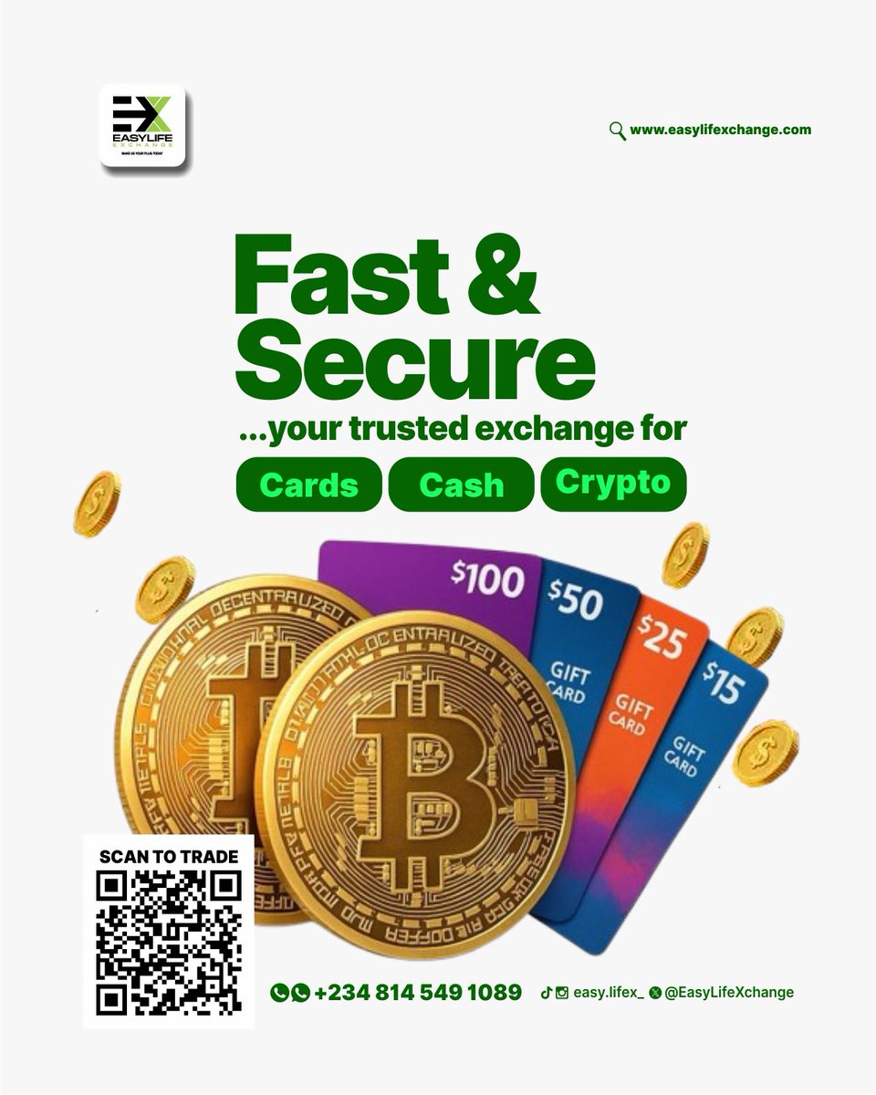 EasyLifeXchange's tweet photo. Fast. Secure. Trusted.
At EASYLIFEXCHANGE, we make exchanging Cards, Cash, and Crypto simple, reliable, and lightning-fast. Whether you’re converting gift cards, trading cryptocurrencies, or handling cash transactions, our platform delivers seamless service with industry-leading security protocols and competitive rates.

Why Choose EASYLIFEXCHANGE?

Speed: Transactions completed in minutes, not hours.
Security: Advanced encryption, multi-factor authentication, and real-time fraud monitoring keep your assets protected at every step.
Trust: Thousands of satisfied customers rely on us daily for transparent, fee-efficient exchanges with 24/7 support.
Versatility: Buy, sell, or swap between gift cards, physical cash, major cryptocurrencies, and more — all in one place.
No hidden fees. No complicated processes. Just straightforward, dependable service you can count on.

Experience the difference with EASYLIFEXCHANGE — your trusted partner for fast and secure Card, Cash, and Crypto exchanges.
Ready to get started? 
Visit us today and exchange with confidence.
Start trading today →​​​​​​​​​​​​​​​​​​​​​​​​​​​​​​​​​​​​​​​​​​​​​​​​​​https://t.co/qRCu2Qp3tc visit us now.