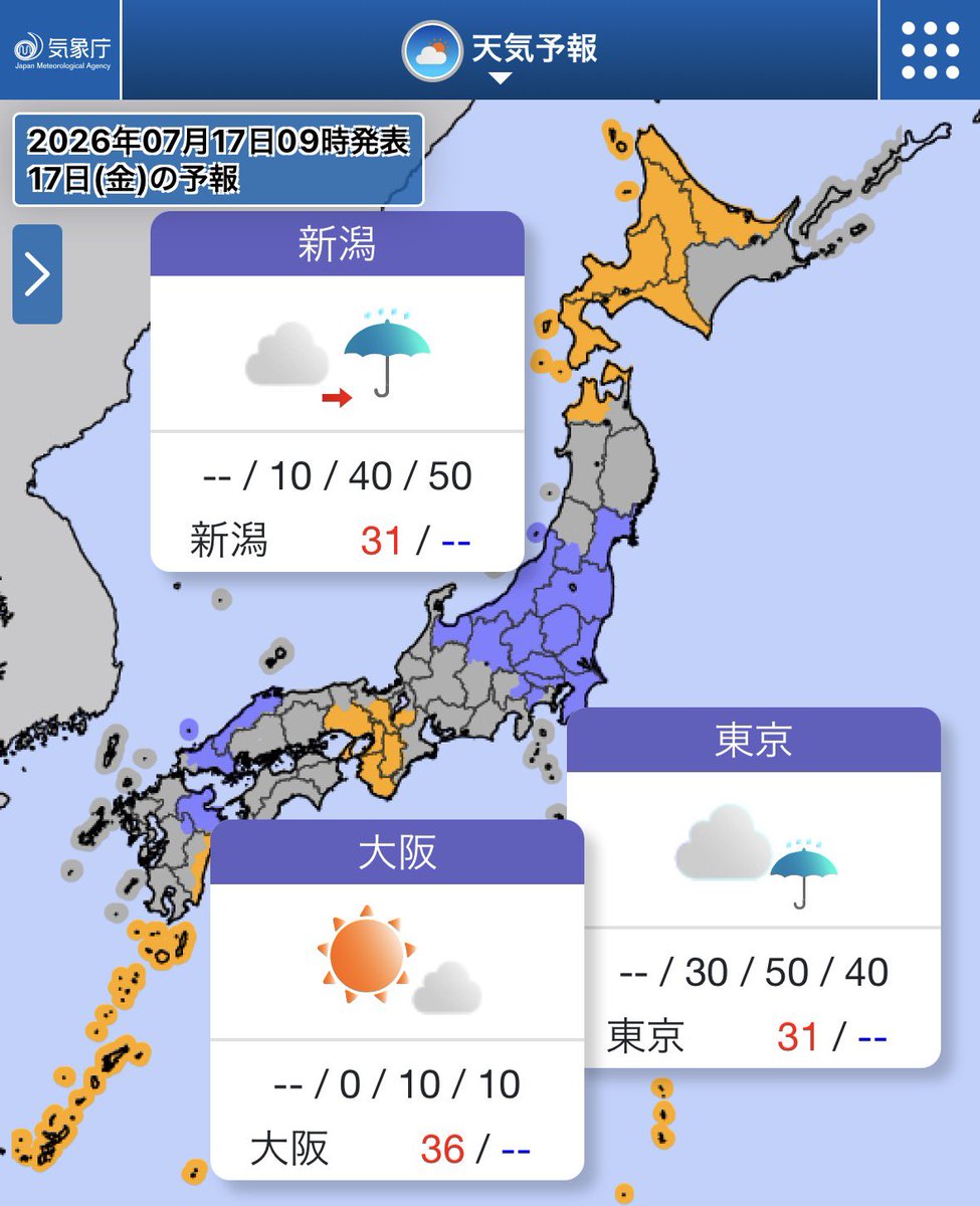 tommuto1125's tweet photo. 今日(17日)は九州から東北にかけて
大気の状態が不安定となりそう🙄
急な雨や雷雨に気をつけて⚡️
出かける際は傘を忘れずに🌂
東海から西を中心に
猛暑日となる所も多いので、
熱中症対策をしっかりしましょう🥵
北海道や沖縄は晴れる見込みです☀️
今日も頑張りましょう✨️
#武藤十夢のひとことお天気 https://t.co/f6NnuKbEI7
