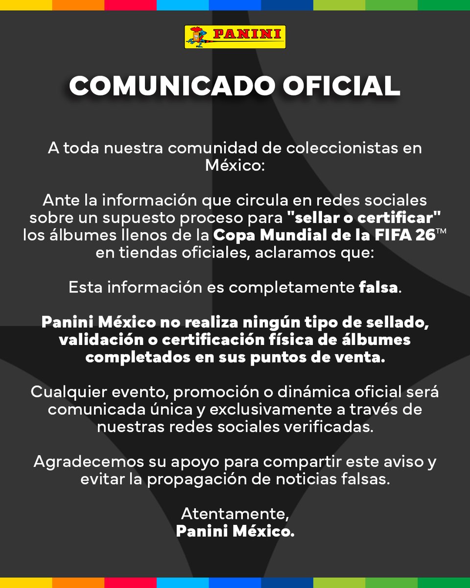 panini_mx's tweet photo. 🚨 ¡AVISO IMPORTANTE PARA TODOS LOS COLECCIONISTAS!

Está circulando información falsa en redes sociales. Por favor, lee con atención y ayúdanos a compartirlo para que nadie se deje sorprender. ❌📖

#PaniniMX #ComunicadoOficial https://t.co/HgjaR1AHpv