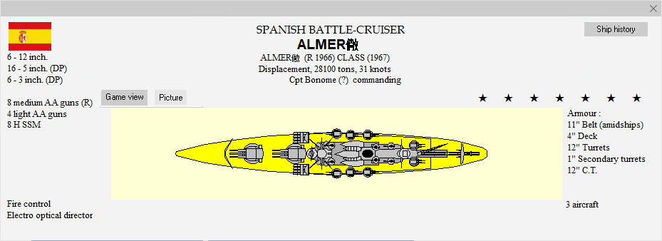 car_z_nel_son's tweet photo. スペイン1935プレイにおいて、
1940年に就役した巡洋戦艦
議会から戦艦の建造要求があったが金がなく、
同時期最小の戦艦GAULOISを建造していた
フランスに発注
4度の戦争に参加し、終始、通商破壊戦を展開
数多の商船と重巡5隻、軽巡14隻、コルベット2隻を撃沈した

#RTW3 https://t.co/ZKO71Ey3Q9