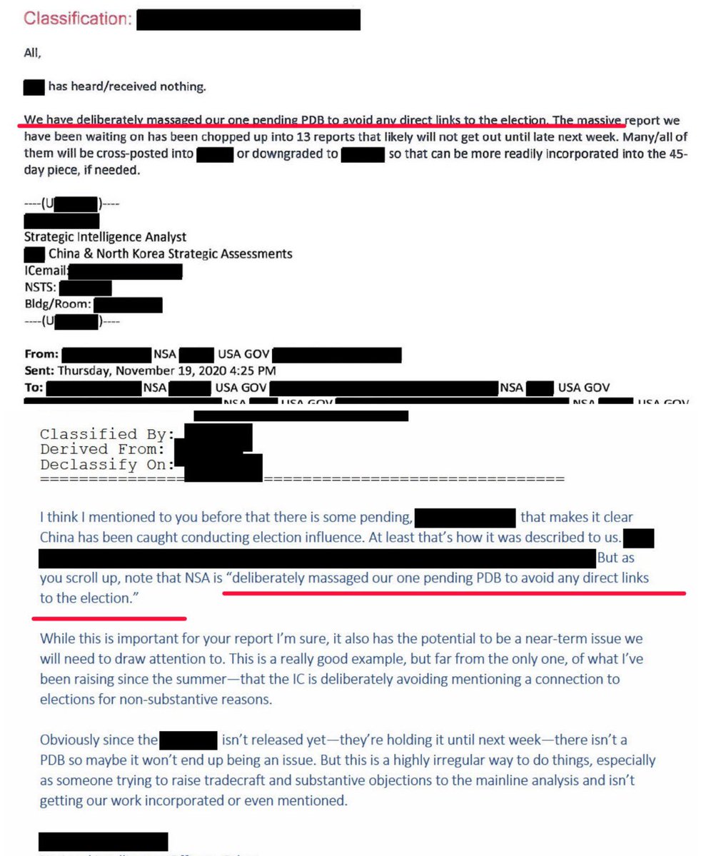 bennyjohnson's tweet photo. 🚨BREAKING: Newly Declassified Emails show the NSA deliberately COVERED UP mentions of attempts by China to interfere in the 2020 Election and excluded the reports from President Trump’s Presidential Daily Brief. https://t.co/hHsAPmSE1E