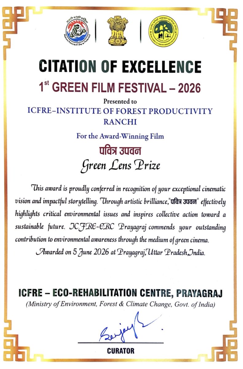 ifpranchi1's tweet photo. The ICFRE-IFP, Ranchi clinched the Green Lens Prize at the 1st Green Film Festival 2026, hosted by ICFRE-Eco-Rehabilitation Centre, Prayagraj. 

Click here to watch the award winning film https://t.co/RflSr84C5B https://t.co/AqhEe0zZN5