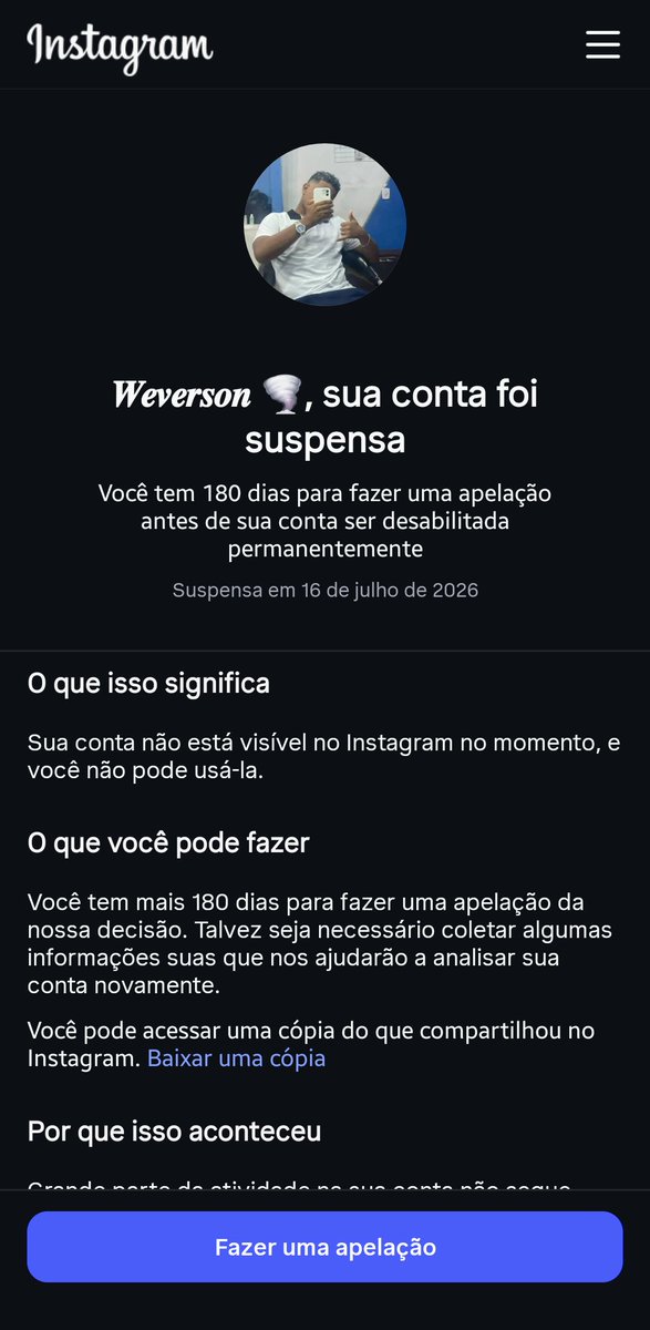 Nanoelzinho's tweet photo. O Instagram simplesmente baniu minha conta. https://t.co/vcwa594Axx