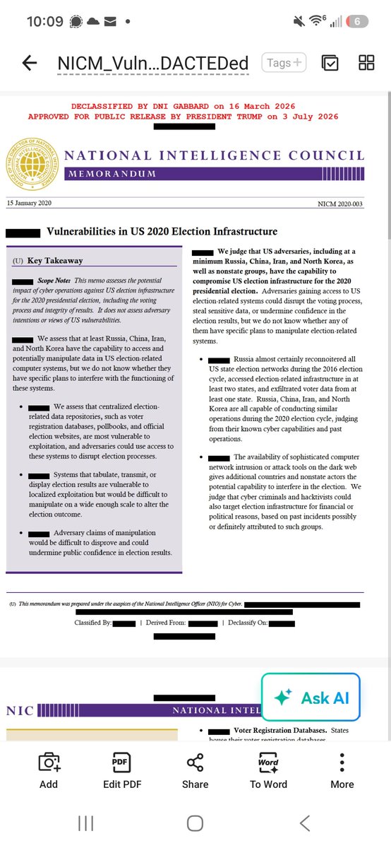 hoopes_leah's tweet photo. We published The Parallel Election in 2021. We documented vulnerabilities, filed lawsuits, submitted sworn declarations, and spent years being ridiculed, censored, and dragged through the courts. Now the National Intelligence Council has declassified a memorandum acknowledging vulnerabilities involving centralized election databases, pollbooks, insider threats, supply chains, ballot preparation, and cyber operations targeting election infrastructure.
I have been saying publicly for years that the 2020 election was stolen. That is my position, and I have never backed away from it. These newly declassified documents deserve to be read by every American. The people who mocked anyone for raising election security concerns owe the public an explanation.