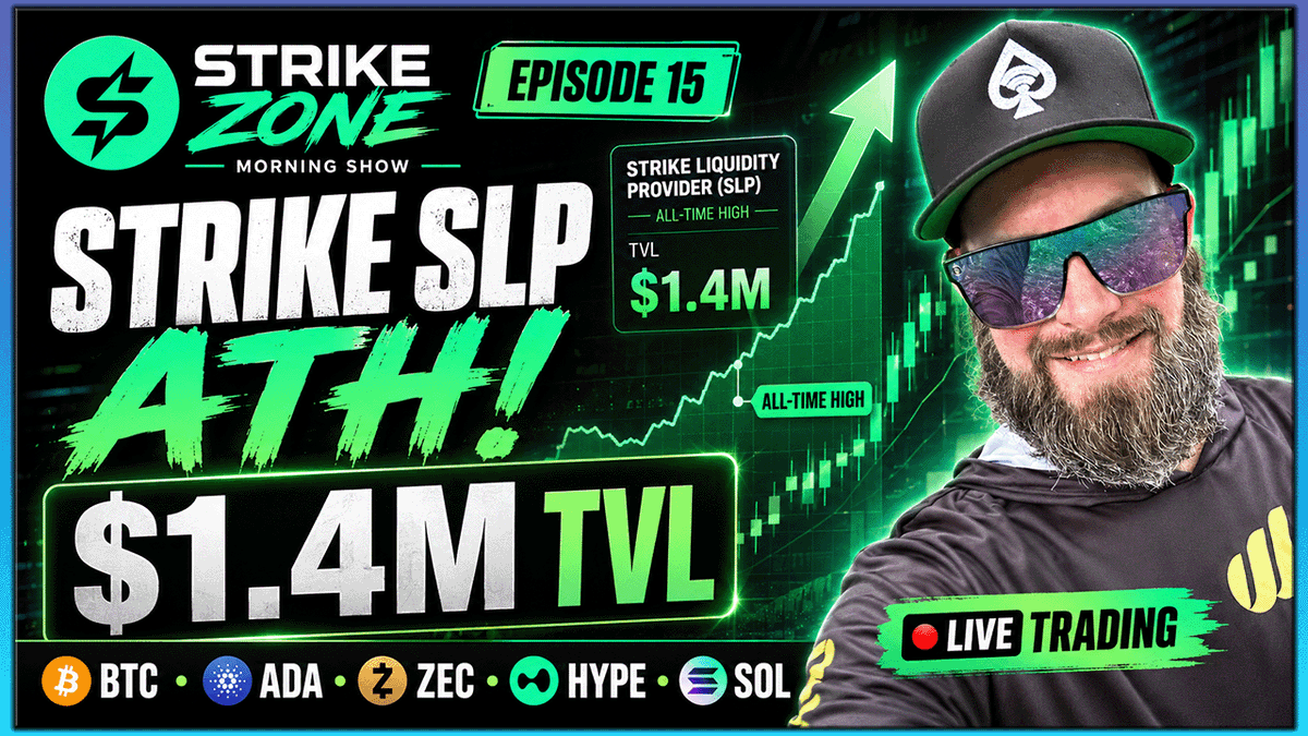 TheADA_ACE's tweet photo. Strike Zone Episode 15 goes LIVE at 7 AM ET / 11 UTC ⚡☕
https://t.co/8qaRE0gqFL
Strike SLP just hit a new all-time high with $1.4M+ TVL 👀

We’ll break down why liquidity matters and watch live setups on:

BTC • ADA • ZEC • HYPE • SOL

NFA. https://t.co/llyv2sE0Pd