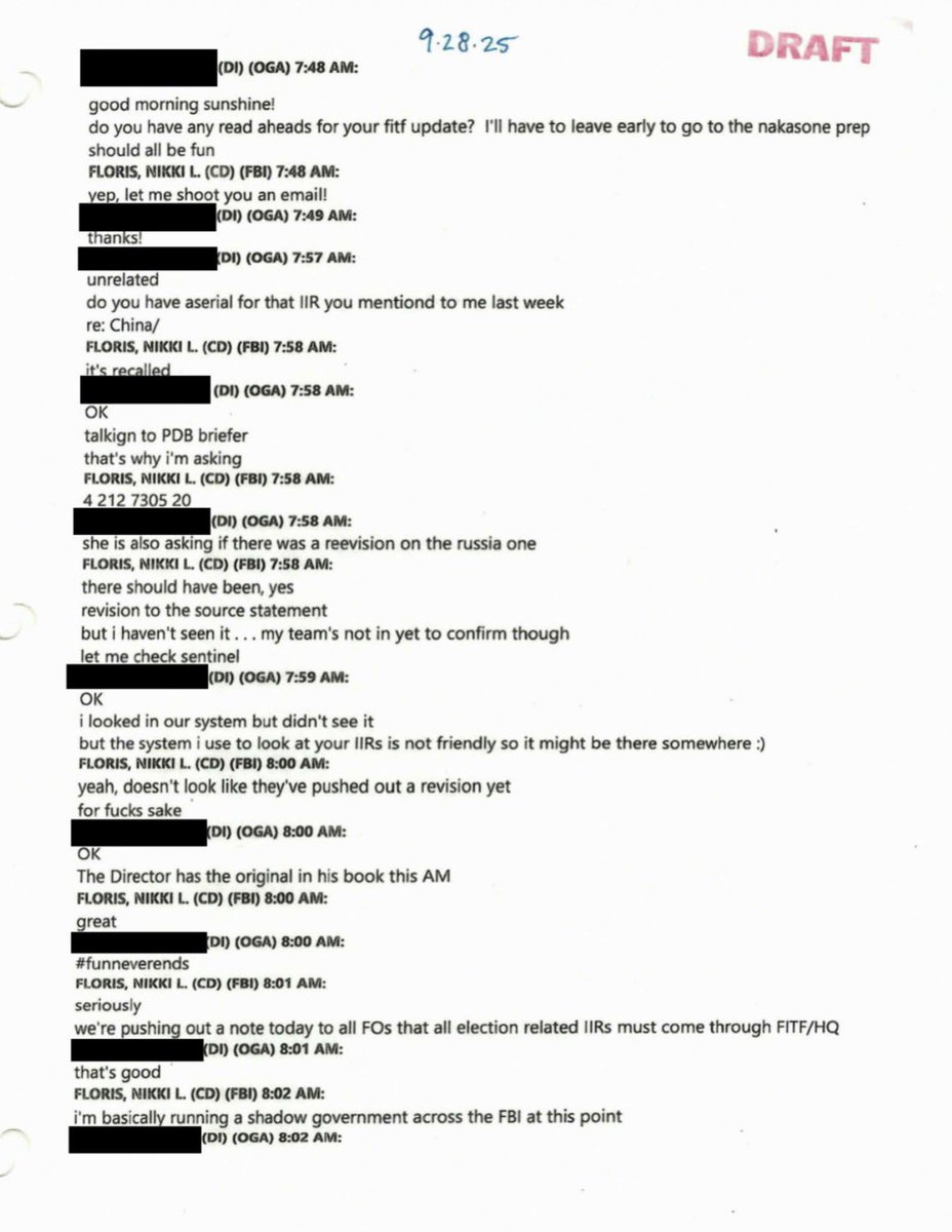 camhigby's tweet photo. 🚨DECLASSIFIED: 

2020 Chat logs reveal FBI agents discussing recalling an intelligence report on China from the Presidential briefing. One agent says they are “RUNNING A SHADOW GOVERNMENT” https://t.co/JRJoFXIz35