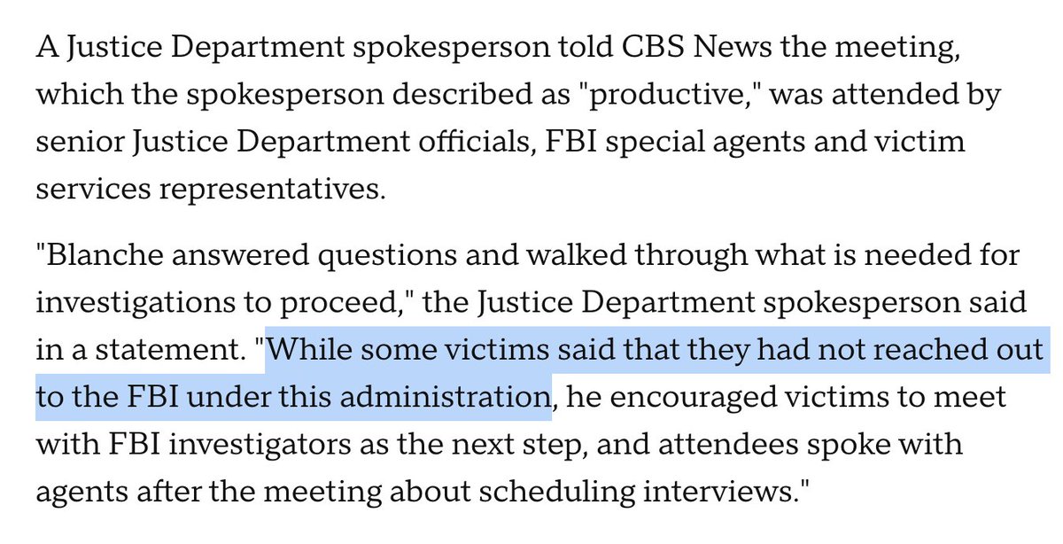 AlexPfeiffer's tweet photo. Acting AG Blanche met with self-identified Epstein victims today, and it turns out some of them haven't even "reached out to the FBI under this administration." https://t.co/zSrGw5N099