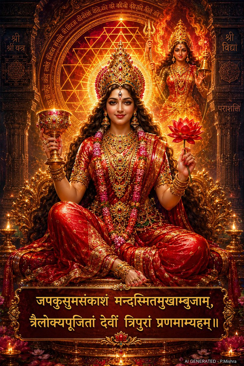 Pmish0703's tweet photo. #गुप्तनवरात्रि के साधनाकाल में #दशमहाविद्या  के तृतीय स्वरूप #मातात्रिपुरसुन्दरी एवम आदिशक्ति #माताचंद्रघंटा के चारणों में शत कोटि प्रणाम!
..त्रैलोक्यपूजितां देवीं त्रिपुरां प्रणमाम्यहम्।
🌷🙏🏻🌷🙏🏻🌷🙏🏻🌷🙏🏻🌷🙏🏻🌷🙏🏻 https://t.co/sOZ8JKJjES