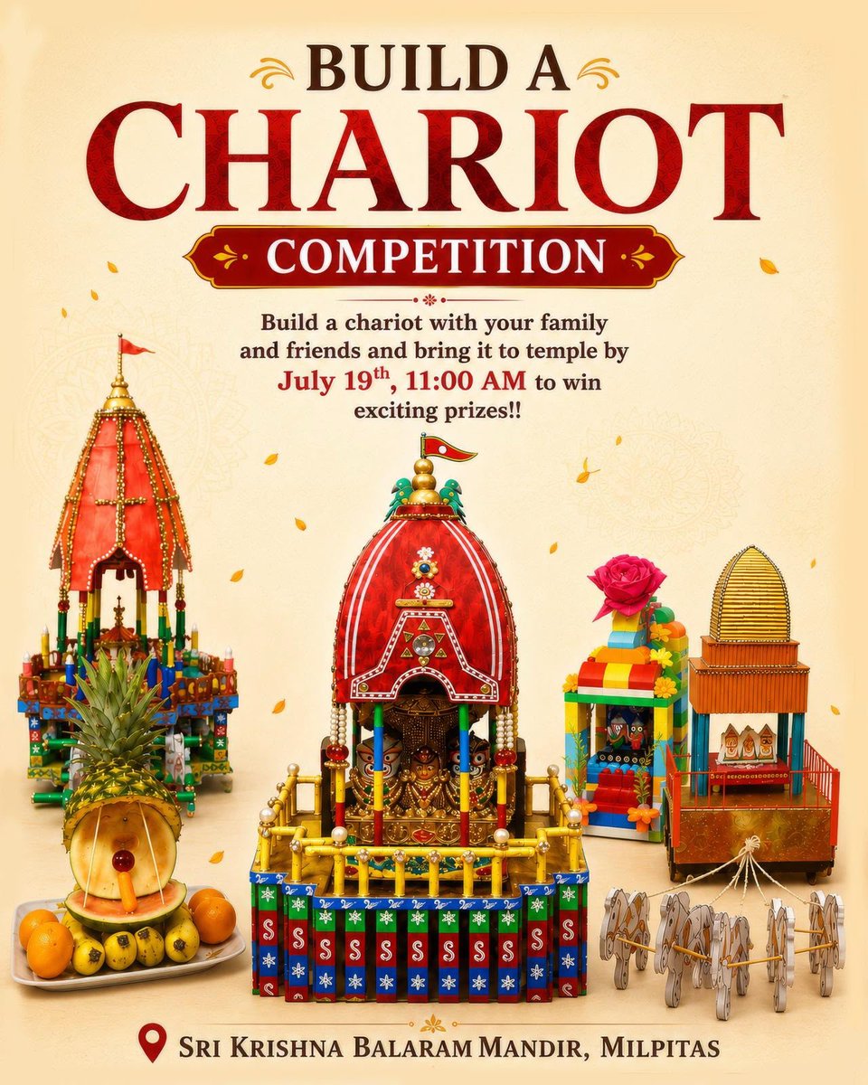 kbmandir's tweet photo. Grand Ratha Yatra! 🎉Join us on Sunday, July 19 | 12 PM  Chariot Procession
📖 Festival Discourse
🍿 Kids Activities &amp; Treats
🛕 Build-a-Chariot Competition 🏆Wear Yellow❤️, Competition: https://t.co/TF5KCx0ozB
Sponsor Sevas: https://t.co/1TjiGTehaH https://t.co/YldwZDAVcJ
