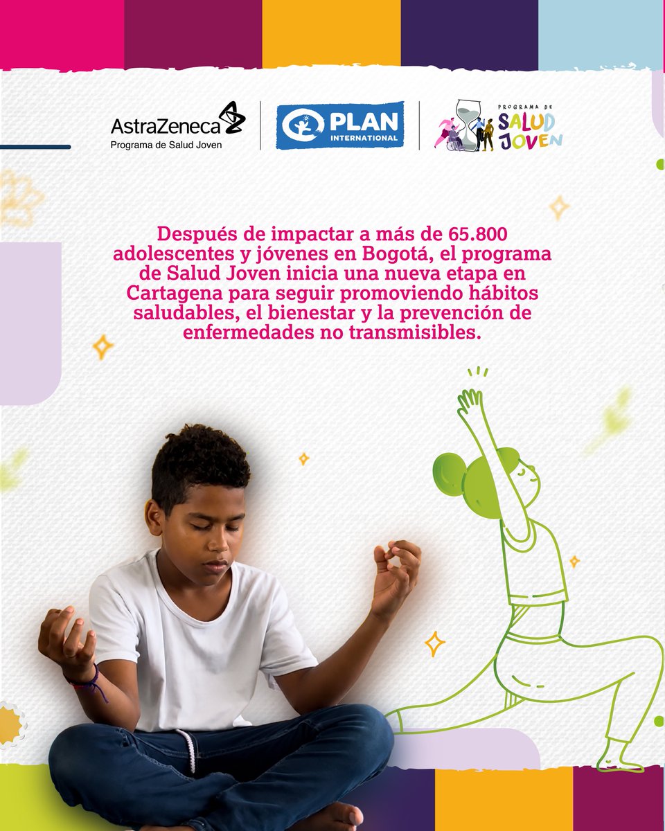 FundacionPlan's tweet photo. El bienestar comienza cuando escuchamos nuestro cuerpo y nuestra mente. 🌿

Con el #ProgramaDeSaludJoven ahora acompañamos a las juventudes en Cartagena para promover hábitos saludables y prevenir enfermedades no transmisibles.

Muévete, aprende, cuida y decide por tu bienestar. ✨

#DíadelYoga
@AstraZeneca  @PlanGlobal  @PlanUK