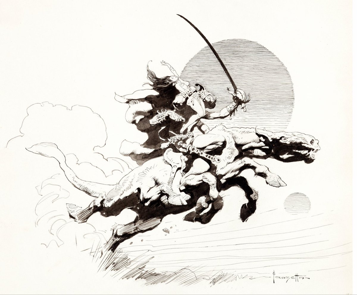 frazettagirls's tweet photo. Frank Frazetta’s Thuvia, Maid of Mars is one of his iconic illustrations created for the Science Fiction Book Club’s 1972 Edgar Rice Burroughs editions. This dynamic pen-and-ink drawing captures Thar Ban making his escape atop a thoat with the captive Thuvia, showcasing Frazetta’s incredible sense of movement, anatomy, and storytelling.