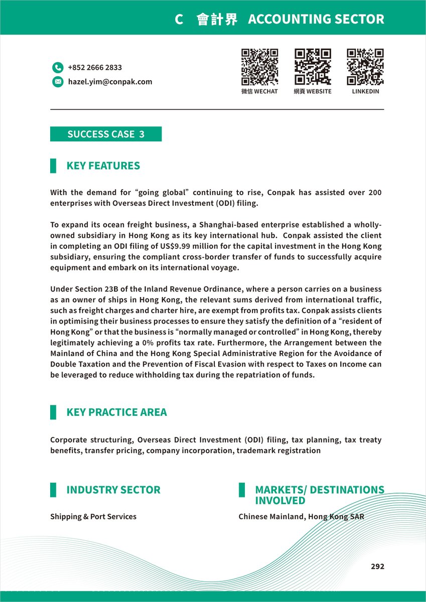 Conpakcpa's tweet photo. Conpak was featured in the Department of Justice's "Hong Kong's Professional Services Supporting Chinese Mainland Enterprises Going Global", sharing how it assisted a Shanghai shipping enterprise to complete a USD 9.99 million ODI filing and secure a 0% Hong Kong profits tax rate https://t.co/aPTqkqgC2s