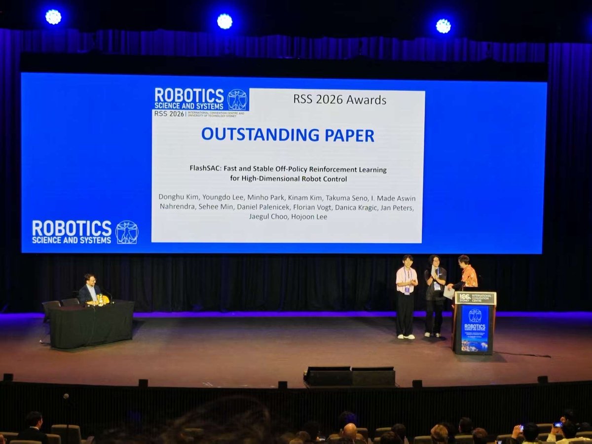 kty2396's tweet photo. FlashSAC won the Outstanding Paper Award at RSS 2026 🎉

We got off-policy RL fast and stable enough to beat PPO and FastTD3 across 60+ tasks and 10 simulators with minimal tuning!

TL;DR: If you're working on dexterous manipulation, just try FlashSAC!

https://t.co/hYlhuLRTXn https://t.co/vYWO3sAr0p