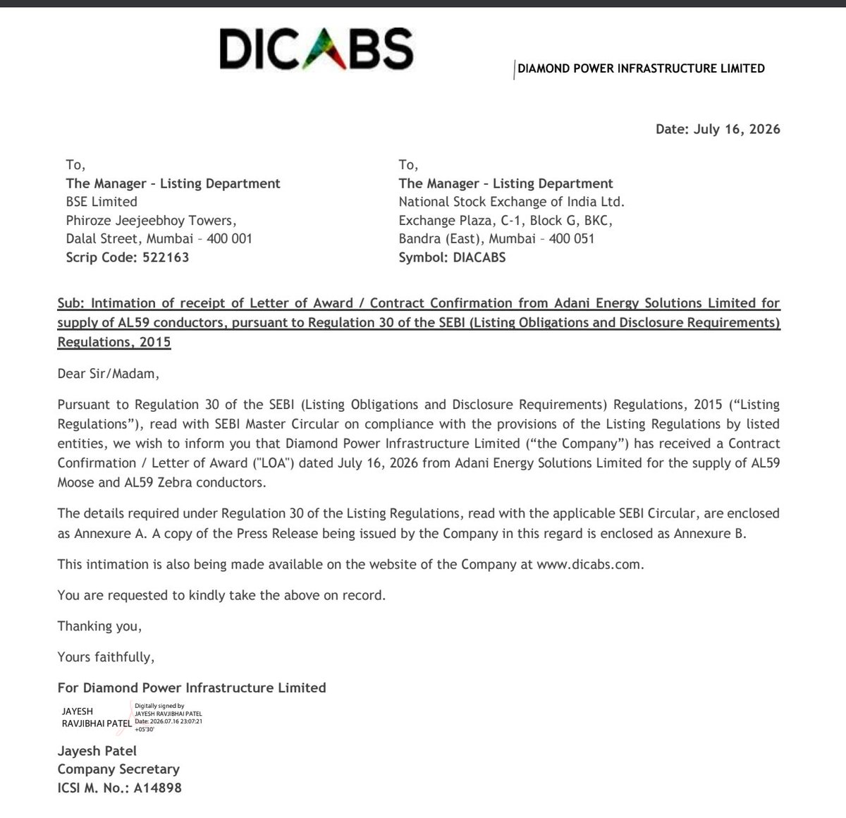 BusinessNewsPo1's tweet photo. #BreakingNews
#DiamondPowerInfrastructure Limited has received a Contract from Adani Energy Solutions Limited Worth ₹185.16 Crores for the supply of AL59
Moose & AL59 Zebra conductors
#Diacabs
#BSE #NSE #StockToWatch #StockInFocus #StockInNews https://t.co/tnr3ETnDqg