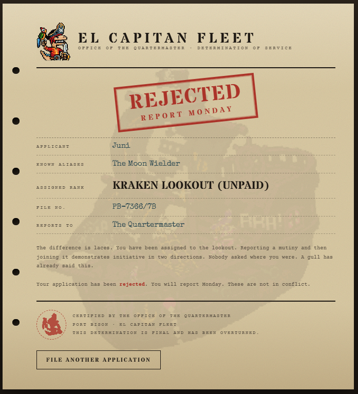 missterrii_coll's tweet photo. The El Capitan Fleet is accepting applications.
This is not an invitation.
I was rejected and told to report Monday. Both are true. Neither is negotiable.
Are you also the one we're looking for?
Form 7B โ
https://t.co/2v1SVNGG2j
@AngryDynomites #BisonFleet https://t.co/jFdzSKl5nu
