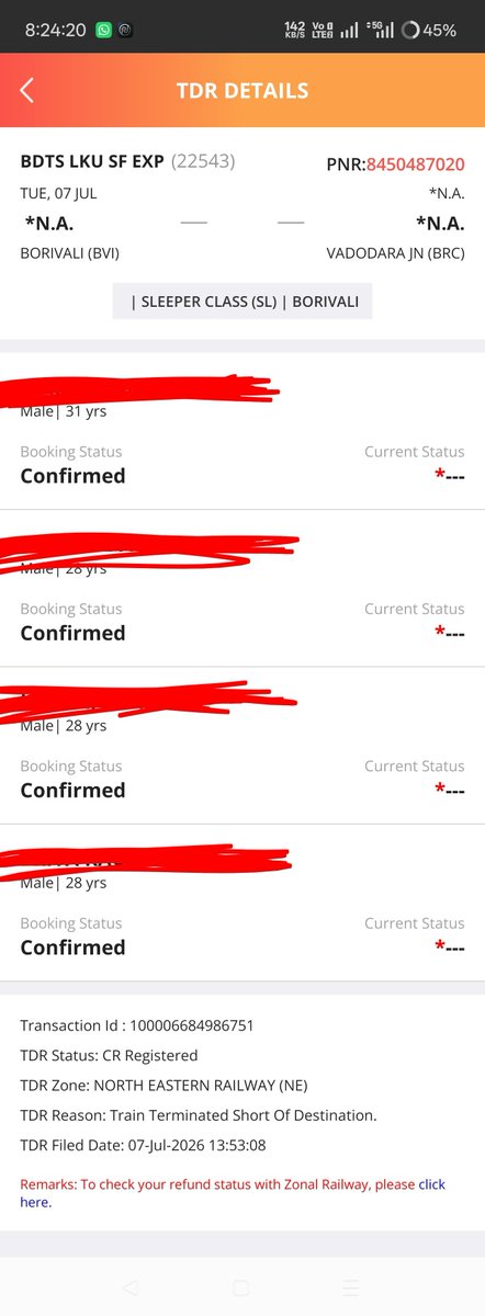 Sujay_patel_'s tweet photo. Hello my train no.22543 was cancelled from Borivali on 7 july,
I have filled TDR for ticket refund but still not received refund.
PNR.8450487020
Kindly issue As soon as.
@WesternRly @drmbct  @RailMinIndia @RailwaySeva 
@nerailwaygkp https://t.co/FXnvcx4tiC