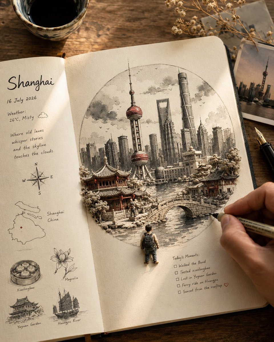 lovimg_com's tweet photo. @lovimg_com https://t.co/34J7xNnlWu

Created with GPT Image 2

🎨 Prompt:
Warm, photorealistic overhead close-up of an open cream-paper travel journal on a rustic wooden table.
Destination: [LOCATION].

Central artwork: Large circular composition, centered on the right-hand page — black-and-white sumi-e/ink-wash + fine-liner illustration of [LOCATION]'s most iconic architecture, landscape, and atmosphere (auto-select the defining landmarks/features).

Ink-to-clay transformation: From the flat ink drawing, key landmarks physically emerge as miniature handcrafted clay models — pencil → fine ink → ink wash → tactile matte clay, seamless and magical. Keep the split 60–70% flat ink / 30–40% dimensional clay so it reads as a sketch becoming real, not a pop-up book. Clay pieces: visible handmade texture, small imperfections, real depth.

Color: Mostly monochrome/neutral. One signature [LOCATION]-associated accent color, used sparingly on a few key details only.

Tiny traveler: One small handcrafted figure at the circle's lower edge, mostly from behind, backpack, looking toward the emergin…
