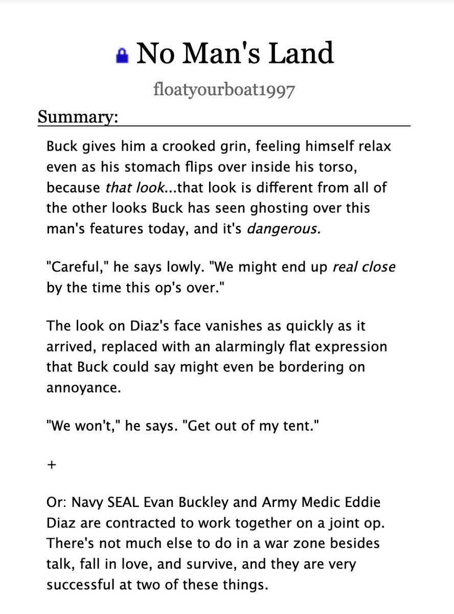 floatyourboat97's tweet photo. 🎖️ No Man's Land 🎖️ 

•9-1-1/buddie fic
•military!buddie au; army medic!eddie/navy seal!buck
•pls check the tags/author's note for this chapter
•ch: 15/20 
•wc:  187k
•rating: E

🔗https://t.co/uxU8HZk1pK https://t.co/FSiPprsaOk