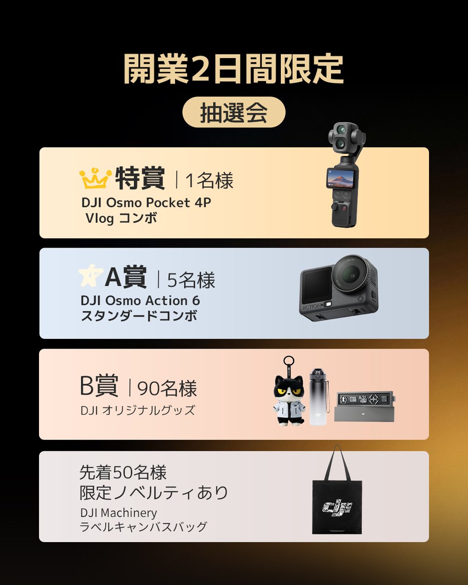 OSMO_JAPAN's tweet photo. 【来場者限定🎁】DJI無料抽選会を東京・二子玉川で開催！

DJI初のブランド体験スペース オープンを記念した2日間限定イベント「DJI 夏のクリエイターカーニバル」を開催します！✨

会場では、ご来場者限定の無料抽選会を全4回実施！
抽選はドキドキのルーレット方式🎡、 出たボールの色で賞品が決まります🥳
何が当たるかはその場までのお楽しみ！🥳

🎁当たる賞品はこちら⬇️

・特賞：Osmo Pocket 4P（1名様）
・A賞：Osmo Action 6（合計5名様）
・B賞：DJIオリジナルグッズ（合計90名様）
・参加賞：オリジナルロゴバッジ

さらに、1F体験スペースへお越しの先着50名様にはオリジナルトートバッグをプレゼント🛍️

📅 抽選会スケジュール

▶ 7月18日（土）12:15～ / 15:45～

▶ 7月19日（日）12:15～ / 15:45～

※各回、開始15分前から会場にて整理券を配布します。
※景品は数量限定のため、各回定員に達し次第、受付を終了させていただきます。
※景品内容は予告なく変更となる場合がございます。

📍会場：東京・二子玉川 蔦屋家電 2F E-ROOM

最新のDJI製品を体験しながら、夏の思い出に嬉しいプレゼントをゲットしよう📸✨

みなさまのご来場をお待ちしています！

#DJIOfflineJP #DJIJPNewOpen #DJI体験スペース #DJI新オープン