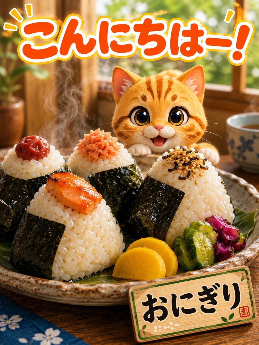 こんにちはー！🐾✨ 今日は、できたてほかほかのおにぎりニャン