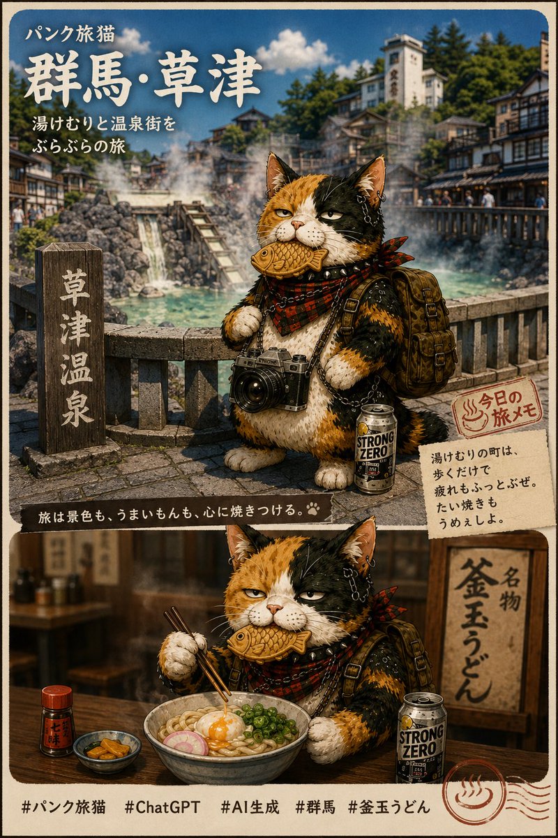 tetora2nd's tweet photo. #パンク旅猫
#ChatGPT
#AI生成
#群馬
#草津
#釜玉うどん https://t.co/1QW8oS9z6t