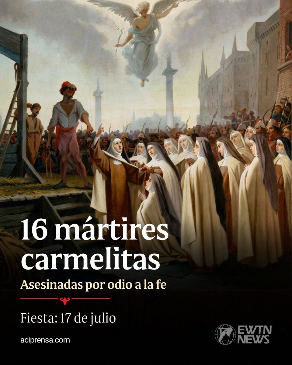 aciprensa's tweet photo. Cada 17 de julio, un día después de la fiesta de la Virgen del Carmen, la Iglesia recuerda a las dieciséis carmelitas de Compiègne, religiosas francesas que dieron su vida por Cristo durante el período del Terror de la Revolución Francesa.

La comunidad carmelita había florecido en Compiègne desde el siglo XVII. Sin embargo, con la persecución religiosa iniciada por el régimen revolucionario, su monasterio fue clausurado y las hermanas obligadas a abandonar la vida conventual. Aunque dispersas en distintas casas, decidieron seguir viviendo en obediencia, oración y fraternidad, manteniéndose fieles a su consagración.

Cuando las autoridades descubrieron que continuaban practicando su vida religiosa, fueron acusadas de conspirar contra la República. Arrestadas y trasladadas a la prisión de la Conciergerie en París, las carmelitas transformaron la cárcel en un verdadero monasterio, perseverando en la oración y celebrando con profunda devoción la fiesta de la Virgen del Carmen el 16 de julio.

Al día siguiente, 17 de julio de 1794, fueron condenadas a morir en la guillotina. Camino al cadalso cantaron himnos de alabanza, entre ellos el Te Deum, renovaron sus votos religiosos y, una por una, ofrecieron su vida con serenidad y confianza en Dios. Su martirio impresionó profundamente a quienes presenciaron la ejecución y quedó como uno de los testimonios más luminosos de fidelidad en medio de la persecución.

Beatificadas por San Pío X en 1906 y posteriormente canonizadas por equipolencia, las Mártires de Compiègne siguen recordándonos que el amor a Cristo es más fuerte que el miedo y que la fidelidad al Evangelio permanece firme incluso en los momentos más oscuros de la historia.

Que el ejemplo de estas valientes hijas de Santa Teresa de Jesús fortalezca nuestra fe, nuestra esperanza y nuestra fidelidad a Cristo.

Santas Mártires Carmelitas de Compiègne, rueguen por nosotros. 🤎🙏