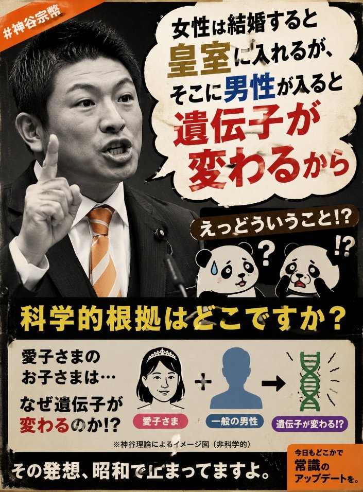 4ZzZrO64JeNd7Jp's tweet photo. @Lanikaikailua @bstbs1930 @tsujimotokiyomi @kiyomi_office さすが、参政党 ✨
神谷宗幣

女性は結婚すると皇室に入れるが、そこに男性が入ると遺伝子が変わる❕

今の国会の #皇室典範改正 がどれぐらい 狂ってるか分かりやすく教えてくれたわ

#日本を壊すな
#皇室典範 https://t.co/MOjmEIzwj6