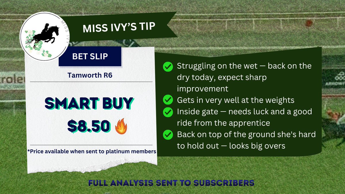 MissIvystips's tweet photo. * Today's Tip 🏇* :: 📍Tamworth R6
➡️ Smart Buy $8.50

#tamworthraces #smartbuy #horseracingtips https://t.co/4gft4U34mM