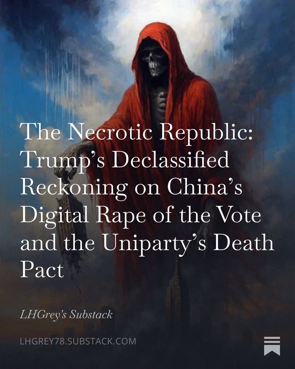 Grey_0G's tweet photo. The President stood in the East Room and finally named the infection that has been rotting the American nervous system for years. 

He declassified the intelligence. 

He showed the 220 million voter files China vacuumed out of our system. 

He exposed the machines left open to foreign hands. 

He demanded the obvious surgical cuts…photo ID…proof of citizenship…the end of industrial-scale mail-in fraud. 

And then the entire political class did what it always does when the scalpel is finally raised against its own flesh.

It flinched.

What follows is not another performance of partisan outrage. 

It is the forensic autopsy of a uniparty that has reached perfect evolutionary equilibrium with electoral dysfunction. Democrats harvest the demographic chaos. 

Establishment Republicans harvest the donor class that profits from managed decline. 

Both sides understand…with the cold clarity of apex predators…that a genuinely secure election system would threaten the only thing they truly love: 

the permanent theater that keeps them fed.

The Senate and the House are not broken. They are functioning exactly as designed by the professional political class that inhabits them. 

They will not pass the SAVE America Act in any form that matters. 

They will not clean the rolls. 

They will not close the machines. 

They will perform concern…they will schedule hearings…they will issue statements full of the usual empty patriotic noise…and then they will return to the only work they consider sacred: 

protecting the conditions of their own survival.

This is not incompetence. 

It is pathology. 

It is the institutional narcissism of a ruling stratum that has long since severed any neurological connection to the consent of the governed. 

Jefferson warned that the tree of liberty must be refreshed with the blood of patriots and tyrants. 

The current occupants of Congress have spent decades proving they will never volunteer for either role.

What follows is the diagnosis. 

Read it without the comforting delusion that the next election…or the next bill…or the next carefully worded presidential demand will save you. 

The rot is not accidental. It is structural. And structures this deeply necrotic do not reform themselves.

They are cut out…or they kill the host.

Link to article in the comments.