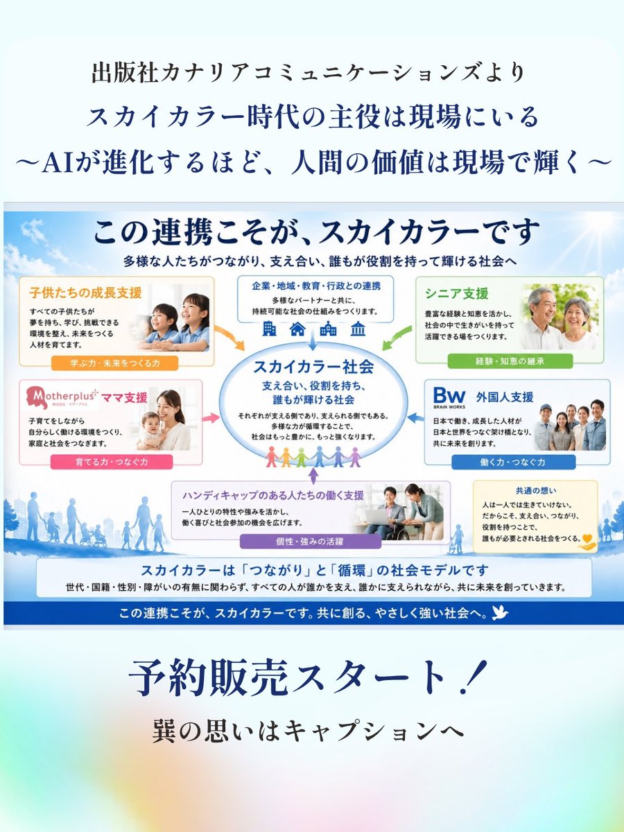 motherplus's tweet photo. 【本気で目指す、スカイカラー社会🌈】 18年マザープラスを続け確信したのは、子育てという未来をつくる仕事の尊さ。これまでの白・青の枠を超え、空のように境界線なく、ママも経営者も子どもも、全員が役割を持ち支え合う『スカイカラー』の時代へ。みんなで未来を育てませんか？✨ https://t.co/cn7iPaIXHX