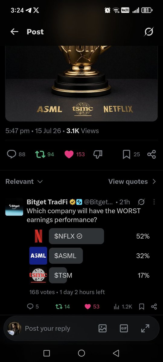 marymix0's tweet photo. @Bitget_TradFi $NFLX takes the golden dumpster. ASML and TSM power the AI boom, while Netflix faces tougher growth expectations and fiercer competition. https://t.co/xXQLCS6Emt