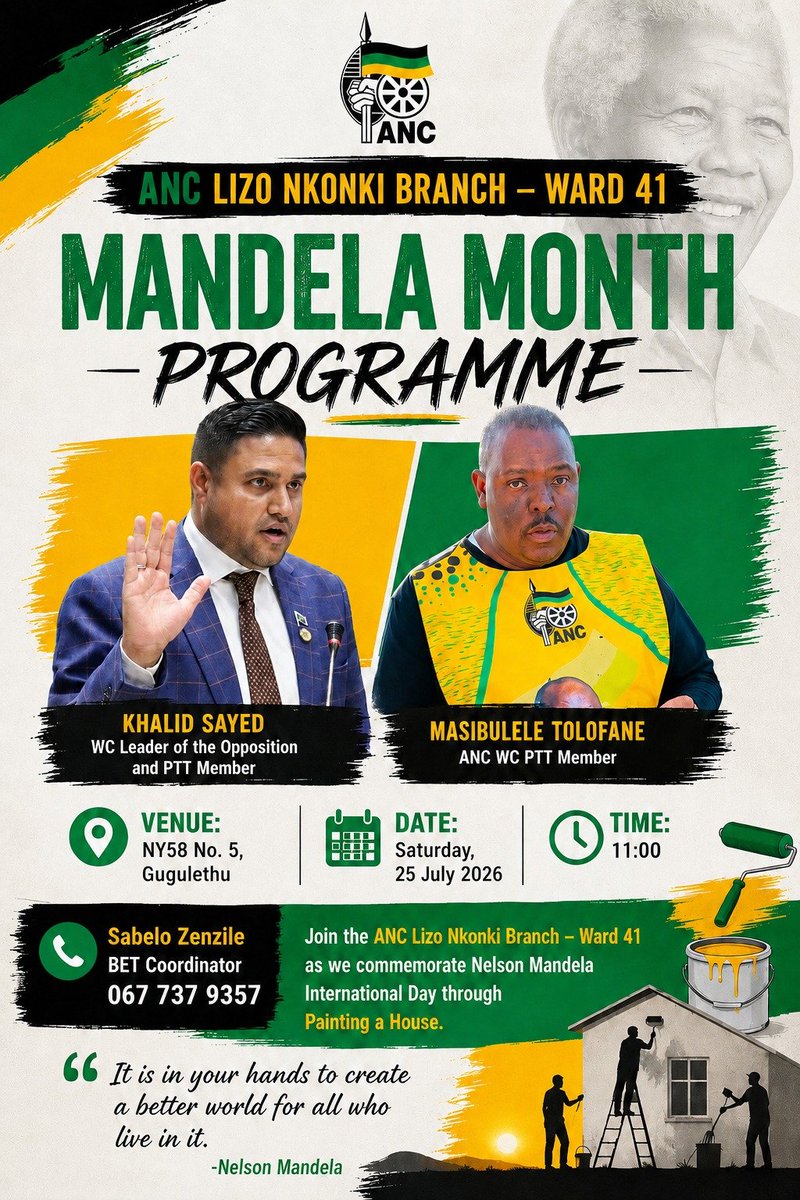 MKhalidSayed's tweet photo. Tomorrow we continue to commemorate Mandela Month in Gugulethu #MandelaMonth #LetsDoMoreTogether #ANCAtWork https://t.co/0DFERJaoEA