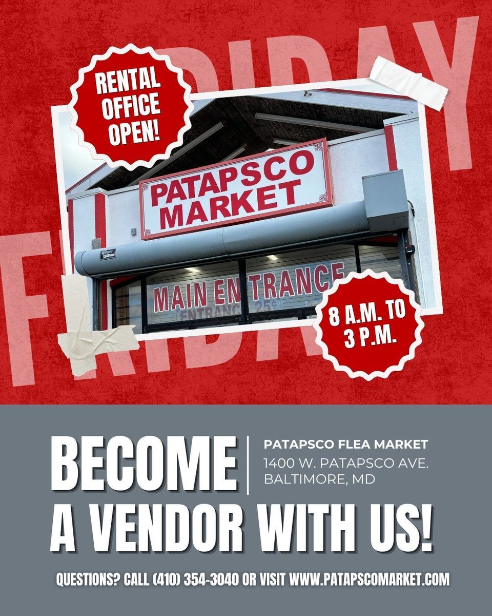 ThePatapscoMkt's tweet photo. Happy Friday, Folks! Want to become a #vendor with the Patapsco Flea Market? Today is the day for new vendors to reserve their indoor spaces for the upcoming weekend. Our rental office is open until 3 p.m. and tables start at just $25/day. Learn more: https://t.co/LmDFy49ZMt. https://t.co/5Yg7ZWHnaM