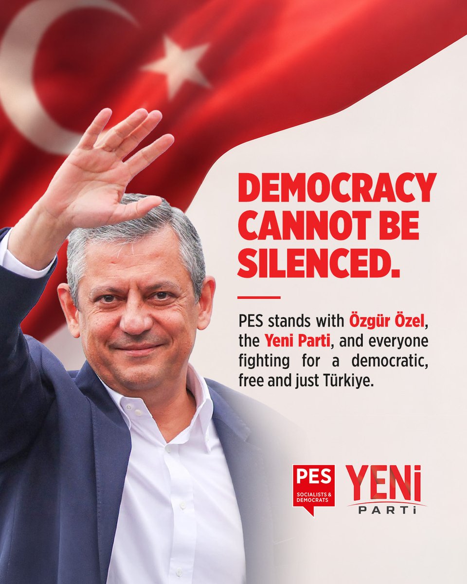 PES_PSE's tweet photo. Democracy cannot be banned. It can only find new ways to be heard.

The launch of the Yeni Parti marks a new chapter for progressive and democratic forces in Türkiye.

At a time when democracy, the rule of law and fundamental freedoms are under increasing pressure, those who continue to stand up for these values deserve our solidarity and support.

The CHP has long been a driving force for democracy and republican values in Türkiye. As a new chapter begins with the Yeni Parti, that commitment continues through all those determined to defend freedom, the rule of law and social justice.

The PES stands with Özgür Özel, the Yeni Parti and everyone working for a democratic, free and just Türkiye.

We look forward to continuing our common fight for democracy and social justice.

@yenipartiyiz @eczozgurozel
