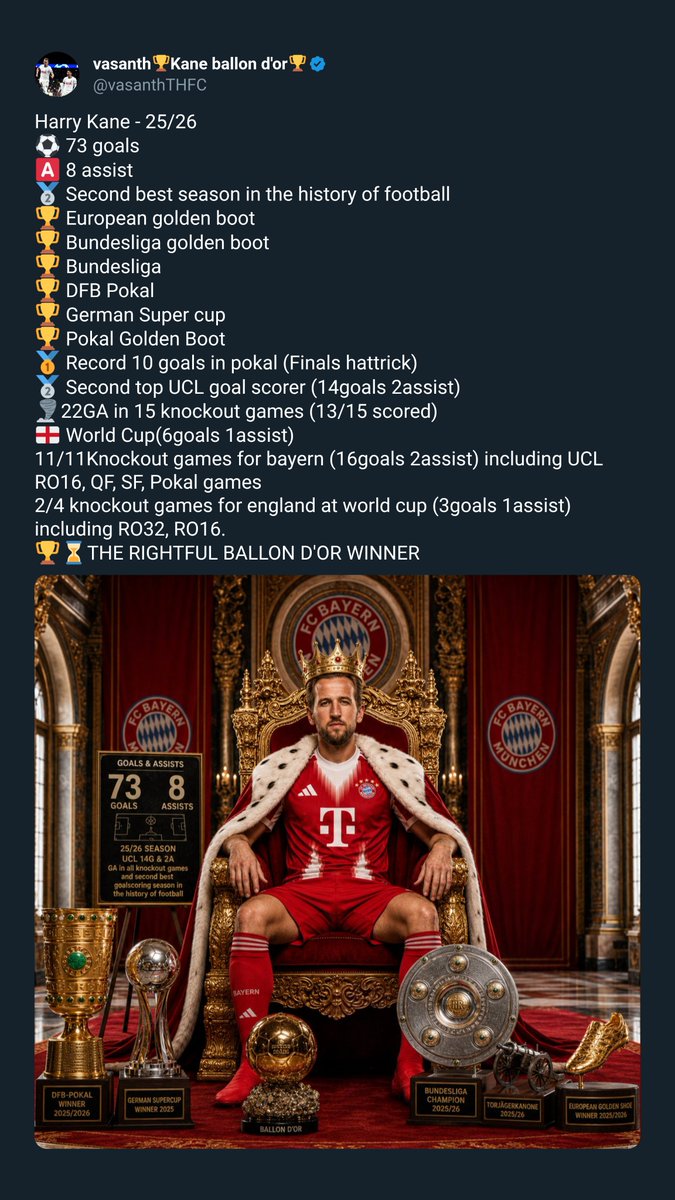 vasanthTHFC's tweet photo. The 2026 Ballon d'or race is CLOSED.
Kane is the only deserved rightful winner. https://t.co/5sD2TXeToQ