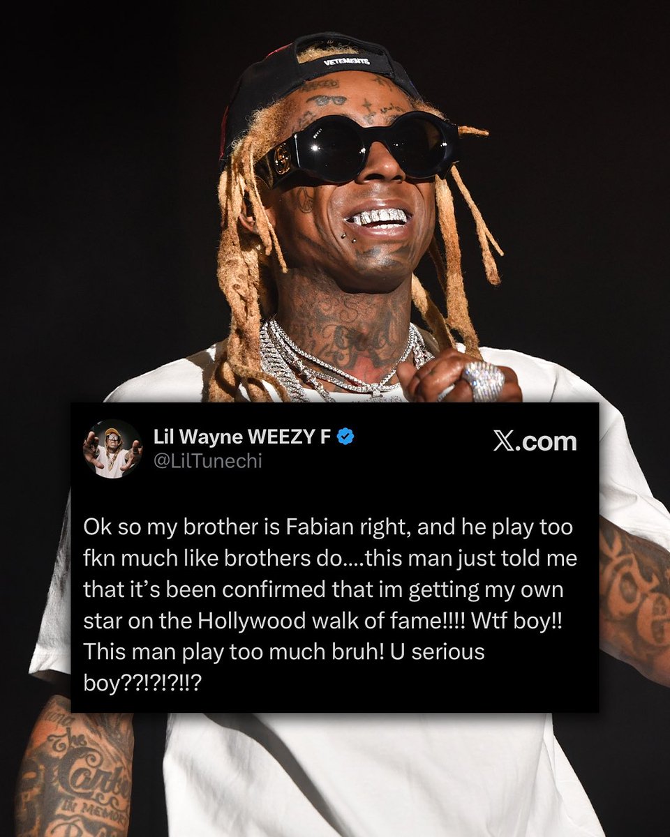 HotNewHipHop's tweet photo. Lil Wayne reacts to the news that he's set to be honored with a star on the Hollywood Walk of Fame in 2027 ⭐️

"this man just told me that it's been confirmed that im getting my own star on the Hollywood walk of fame!!!! Wtf boy!!" https://t.co/sxYGusUmDG