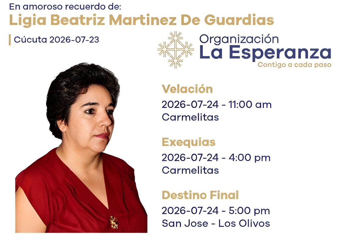 noticucuta's tweet photo. Lamentamos el fallecimiento de quien fuera profesora del Instituto Técnico Nacional del Comerio, Ligia Beatriz Martinez de Guardias. Q.E.P.D. https://t.co/CBJ1JF99qS