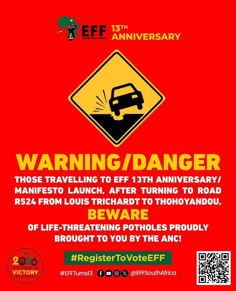 Julius_S_Malema's tweet photo. Be very careful, ground forces, and all our supporters coming tomorrow to Thohoyandou.#EffTurn13 https://t.co/2BBOElftjq