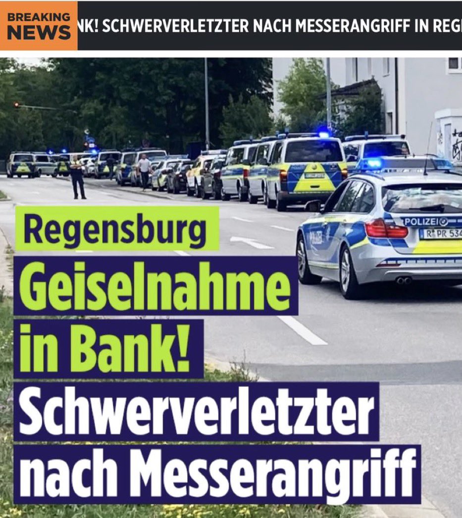 camalees's tweet photo. Tomada de reféns num banco em Regensburg faz uma vítima  mortal. 
Na Alemanha há actualmente 80 esfaqueamentos por dia. Oitenta. Muitas vezes como no caso do estudante morto por um afegão em Trier as vítimas são aleatórias.

E sim há uma correlação directa entre estes crimes e imigração islamista. 

O caso é tão grave que parte da comunidade turca, bastante bem integrada, pondera e di-lo abertamente, votar na extrema direita.