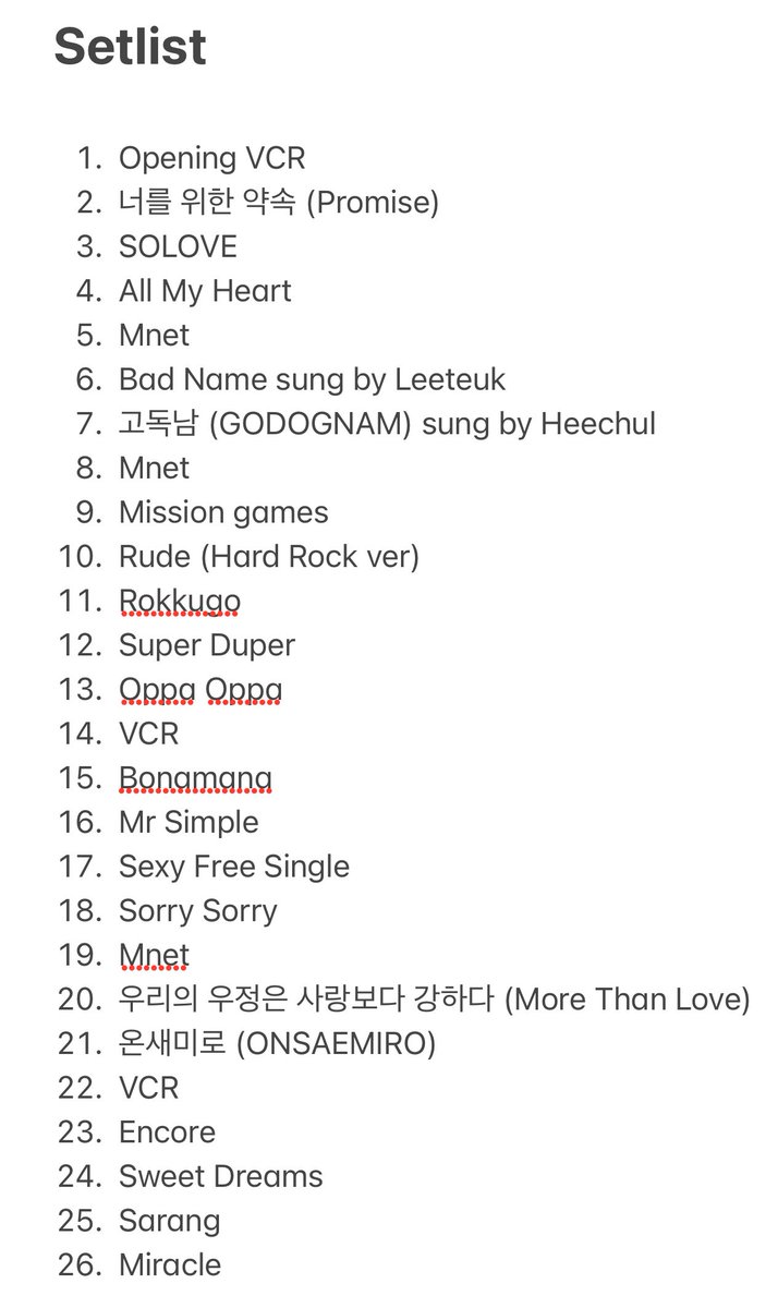 thinkingofkkyu's tweet photo. 83z in Seoul Day 1 setlist

#슈퍼주니어 #SUPERJUNIOR
#슈퍼주니어_83z #SUPERJUNIOR_83z
#너를위한약속 #SUPERJUNIOR_83z_Promise
#이특 #LEETEUK
#희철 #HEECHUL https://t.co/ZOFDyAsK8S