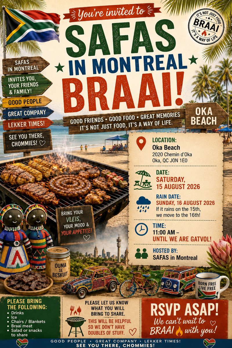 RSAinOttawa's tweet photo. SAFAS in Montreal Braai

Join us on August 19th for a South African Braai at Oka Beach, Plage du Parc national d’Oka.
(Rain date: 20th August)

From 11:00 AM, South Africans and friends will come together to celebrate culture, friendships, and the joy of Braai time in Canada. https://t.co/3ojhRIELBK