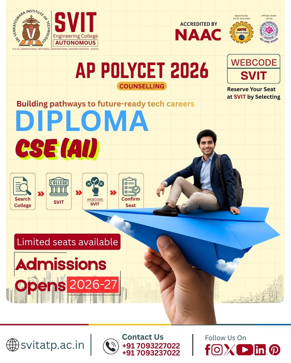 svit_official's tweet photo. Limited seats. Diploma CSE (AI) at SVIT Anantapur.
AP POLYCET 2026: Search College → SVIT → Webcode SVIT → Confirm Seat. https://t.co/DIHegMC9NU
#APPOLYCET2026 #SVITAnantapur https://t.co/f5mWbwSXki