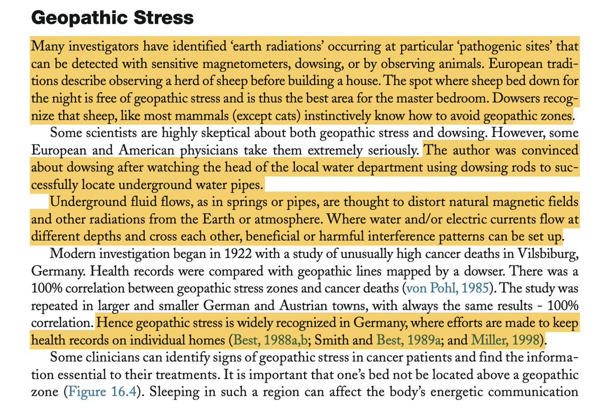 the_no_mind's tweet photo. In 1929, a dowser mapped underground currents beneath a German town of 3,300 people, living in 565 houses.

Every recorded cancer death in that town fell on one of his lines.

If that correlation is real, where you sleep — for years at a stretch — is a variable in cancer risk almost nobody has on their radar.

The man behind the survey was Gustav von Pohl, a German aristocrat.

He carried out the mapping himself under the supervision of the town's mayor and local police, who signed an official protocol documenting the investigation.

Because no scientific instrument could detect what he claimed to be sensing — a form of radiation he believed passed straight through concrete and lead — von Pohl relied entirely on his own physiological sensitivity.

Using a solid brass or steel divining rod — the method known as dowsing — he located the hazard zones by tracking where the underground currents reacted so strongly that he could sometimes hardly hold the rod and had to let go of it.

This wasn't a one-time fluke.

Von Pohl repeated the exact same experiment under official supervision in another German town, Grafenau, with the identical result:

A 100% correlation between his mapped lines and the town's cancer cases.

In each case, the bed where the cancer patient slept was situated directly over the dangerous underground current.

Von Pohl documented the original findings in his book, Earth Currents: Causative Factor of Cancer and Other Diseases, published in 1932.

He named these hazard zones "negative electrical earth currents" and measured their intensity on a custom 16-point scale.

Von Pohl didn't believe every underground current was contributing to cancer.

Only currents rated grade 9 or higher, he found, were associated with cancer.

While weaker currents (grade 8 and below) were not linked to cancer, he warned they could still cause milder ailments in sensitive individuals.

The most dangerous configuration was a "cross":

A point where two or more underground streams intersect at different depths, massively amplifying the radiation.

Today these locations are better known as geopathic stress lines.

Fixed points in the ground where distorted natural earth vibrations interfere with the biology of anything living above them.

Long before anyone gave them a name, animal behavior was already pointing to the same places.

Sheep, cows, pigs and dogs instinctively avoid them.

For centuries, one European method of choosing where to build a house required no instrument at all:

Find where a flock of sheep beds down for the night.

Build your bedroom there.

A few species appear to do the opposite.

Cats actively seek out these lines.

Ants build their hills directly above them.

Von Pohl also claimed that bees produced more honey when their hives sat over strong underground currents.

That's the part that's hard to dismiss as coincidence:

Several unrelated species are claimed to respond to the same locations, but in opposite directions.

Georges Lakhovsky, a Belarusian-French engineer and inventor, reached a similar conclusion independently.

He concluded that cancer incidence tracks geology.

His proposed mechanism was different.

Lakhovsky argued that cosmic radiation was the primary force, while underground water acted as a secondary modifier by changing the electrical properties of the ground beneath a building.

Mineral-rich groundwater, he argued, behaves like a conductor.

A hidden underground vein effectively becomes a localized antenna, distorting the surrounding electromagnetic field even where the surrounding soil would otherwise insulate against it.

Different mechanism.

Same underground water detail.

Both arrived at the same hypothesis:

The geology beneath a building influences cancer incidence.

If that mechanism is real, geopathic stress isn't some rare anomaly.

It's simply electromagnetic geology, as common as groundwater itself.

Subsequent investigators reported even more specific correlations.

In Stettin, Dr. Hager, chairman of the local medical association, decided to test von Pohl's theory for himself.

He pulled the town's official cancer records from 1910 to 1931:

5,348 cancer deaths, unevenly distributed across homes.

Some houses had a single death. Others had ten or more.

Working with a professional dowser, Privy Counsellor C. William, Hager examined every address.

Every affected home, he reported, had an underground current running beneath it.

Some lay directly over "crosses," where two currents intersected.

The clearest comparison came from three homes for elderly residents, chosen because the occupants shared a similar age-related vulnerability.

Over 21 years, the home built above a crossing of underground currents recorded 28 cancer deaths.

A second home, built above two weaker currents, recorded 2 deaths during the same period.

In both cases, the victims' beds were positioned directly above the underground lines.

The third home had no underground current beneath it.

Over more than 20 years, it recorded none.

Sixty years after von Pohl first published his findings, the Austrian government funded a study.

In 1987, at the University of Vienna, Otto Bergsmann, a medical doctor & a lecturer, assembled a team of doctors, chemists, physicists and biologists to run a two-year double-blind study.

Neither the 985 participants nor the physicians examining them knew whether a given seat was located in a geopathic stress zone or a neutral one.

Each participant remained in the test location for 15 minutes.

Researchers measured blood pressure, heart rate, circulation, blood sedimentation, breathing, skin resistance and the electrical conductance of specific muscle points.

In total, the study generated 462,421 measurements across 6,943 individual tests.

The researchers concluded that measurable physiological changes appeared in most cases after just 15 minutes of exposure.

That still leaves one obvious question: 

What was the mechanism?

Von Pohl never explained why or how the radiation would harm a cell.

He openly admitted in his book that he did not understand the exact biological mechanism.

He simply theorized that the "negative electrical earth currents" caused a "negative electrical overloading of a cell".

Beyond that, he only knew that it generally "weakened the organism" and made organs highly susceptible to disease.

He explicitly wrote that figuring out exactly why the radiation harmed the body was a mystery that "the appropriate sciences should research" in the future.

Decades later, Rolf Gordon proposed an answer.

After losing his son to cancer, Gordon spent decades investigating geopathic stress.

He argued it was not simply associated with cancer, but with many chronic illnesses, including multiple sclerosis, ME, Alzheimer's disease and arthritis.

Not as the direct cause.

But as what he called the "ultimate push button" that weakens the organism and leaves it vulnerable to disease.

His proposed mechanism:

Humans evolved to function within the Earth's natural electromagnetic environment, centered on the 7.83 Hz Schumann resonance.

According to Gordon, underground water and geological faults distort those natural vibrations.

When a person is exposed to geopathic stress, the body's own vibrations rise to abnormally high frequencies, sometimes reaching 266 Hz.

A geopathically stressed environment, in his model, favors pathogens over the immune system meant to control them.

Gordon based these conclusions on more than 24 years of fieldwork involving over 20,000 people and buildings.

Across thousands of cancer cases, he reported that every adult patient he investigated was affected by geopathic stress.

He published these findings in his bok Are You Sleeping in a Safe Place?, first published in 2005.

Gordon also drew on the work of Austrian educator Käthe Bachler, whose investigations became some of the largest conducted on geopathic stress.

Bachler surveyed approximately 3,000 apartments, houses and workplaces across 14 countries, examining the sleeping and working locations of roughly 11,000 people.

In her book, Earth Radiation, 1984, she evaluated 500 cases of cancer and abnormal tissue growth, including benign and malignant tumors.

She reported a 100% correlation, writing that every case of abnormal cell growth was located directly above a geopathic stress zone.

Her primary intervention was simple.

She mapped the room and recommended moving the bed or desk to a radiation-free location.

She reported that many children showed improvements in sleep, behavior and school performance, while chronically ill adults experienced improvements in their health.

Here's what makes this difficult to dismiss as the superstition of a single culture.

Chinese builders were avoiding these locations more than 4,000 years before Gustav von Pohl ever picked up a dowsing rod.

There was no contact between the two traditions.

Yet they arrived at the same practice.

Don't build where the ground is disturbed.

Feng Shui eventually formalized the idea using landform observation and the magnetic compass.

Mainstream medicine has generally not accepted this line of research.

A purely chemical model of health has no place to put it.

None of this requires believing a divining rod detects anything.

It only requires accepting that invisible forms of radiation can influence living organisms.

Once you accept that premise, location stops being irrelevant.

It becomes another environmental variable worth investigating.

Two civilizations, separated by thousands of years and thousands of miles, both believed the ground beneath a house could influence health.

Whether those observations ultimately prove to be correct remains to be seen.

But if location influences biology, then where you spend eight hours every night may be a far more important environmental variable than most people realize.

Sometimes the intervention is simply moving your bed — or your desk — a few feet into a different part of the room.