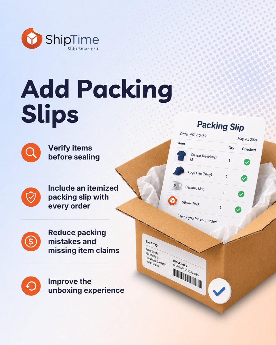 ShipTime's tweet photo. 📦 Ever opened a package and wondered, "Is everything supposed to be here?" ShipTime Packing Slips help reduce packing errors, improve order accuracy, and give customers confidence with every delivery🎉 https://t.co/cQl6qtmLF2