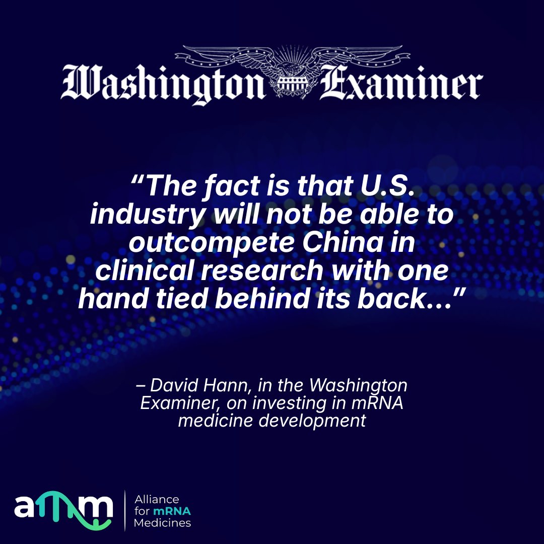 rnaalliance's tweet photo. An op-ed in the @DCExaminer made an important point: Beyond infectious diseases, #mRNA could be the next breakthrough in cancer care and is viewed by national security experts as a possible first line of defense against biological threats.

Other countries have taken notice, too. Roughly half of new #mRNA vaccines now in development worldwide originate in China.