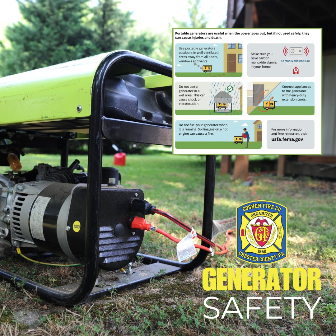 GoshenFireCo's tweet photo. It's been a summer packed with crazy weather...REMINDER!
Rain, wind, tornados🌪️...
All come with the risk of power outages.
Using a generator? Be safe.
#generatorsafety #firesafety #poweroutage #readychesco #firstresponders #summerstorms #tornadowatch #stormrisk https://t.co/IOyevG4zUd