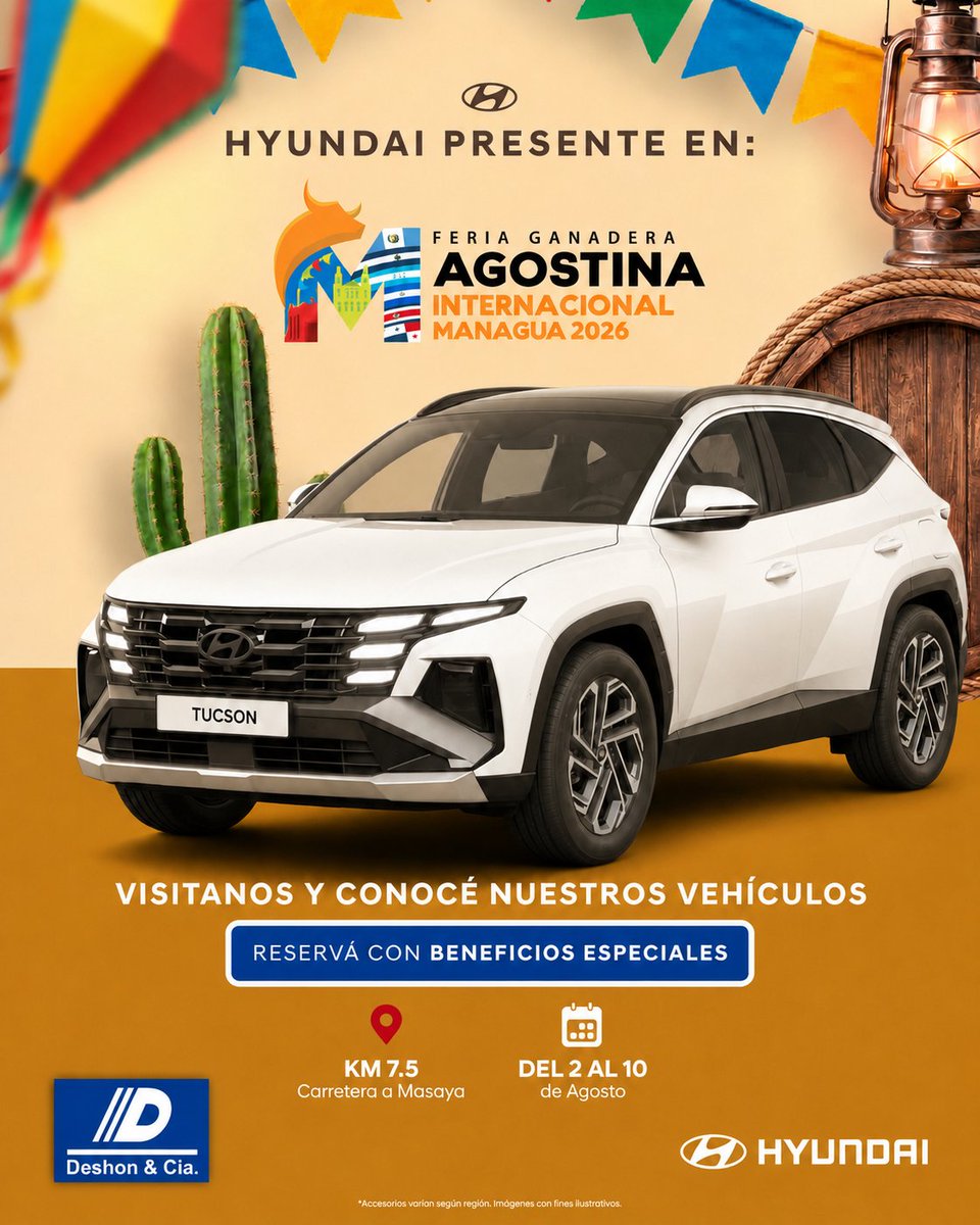 Hyundainic's tweet photo. ¡La experiencia Hyundai llega a la Feria Ganadera 2026! 🚘🎊

Vení a conocer nuestros vehículos, descubrí los beneficios que te ofrecemos y encontrá el modelo ideal para vos. 🤩

✅ Del 2 al 10 de agosto
📍 Km 7.5 Carretera a Masaya https://t.co/kxngKVSrbX